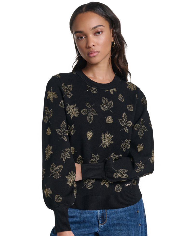petite Metallic-Leaf Print Crewneck Sweater