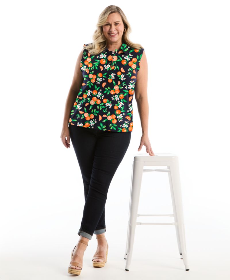Plus Size Orange Print Ruffle Trim Sleeveless Polo Shirt
