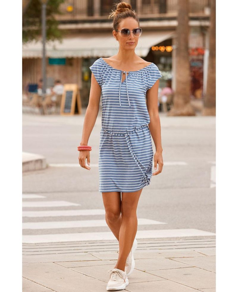 Women's Striped Tie Neckline Notch-Neck Tie-Waist Short Dress