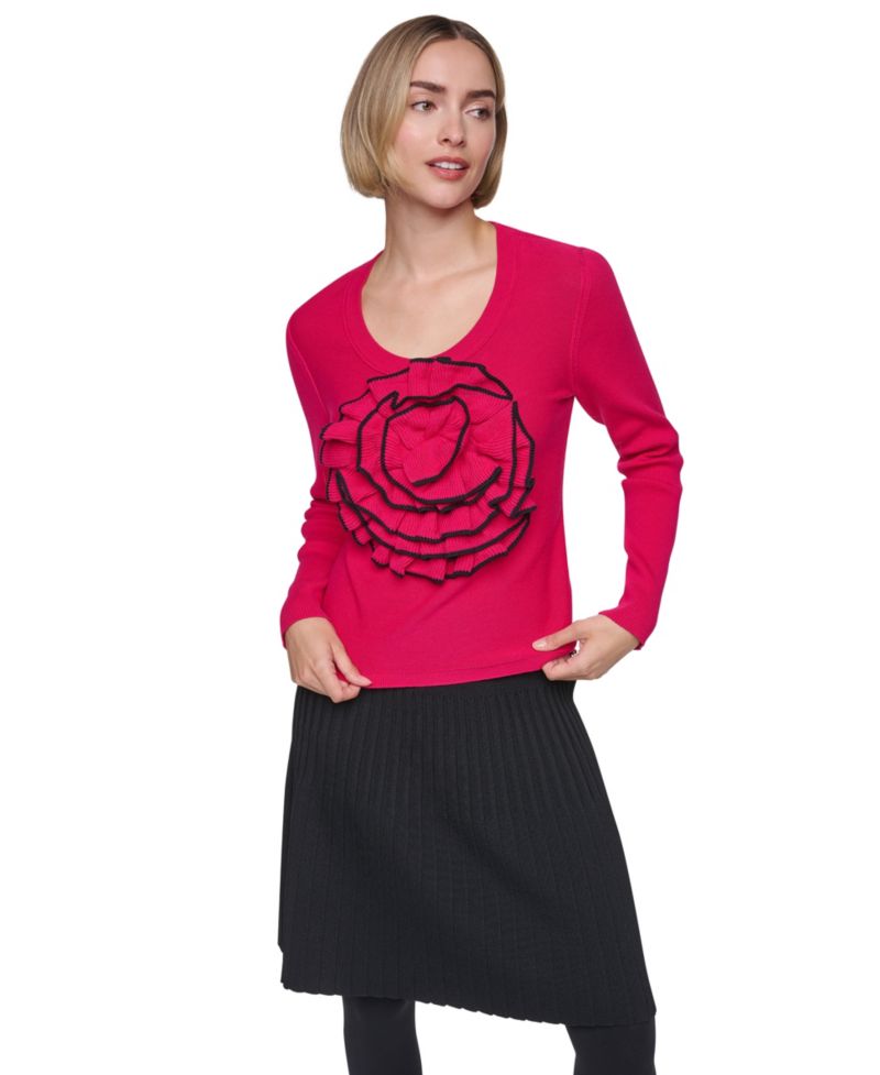 Women's Rosette Long-Sleeve Scoop Neck Sweater