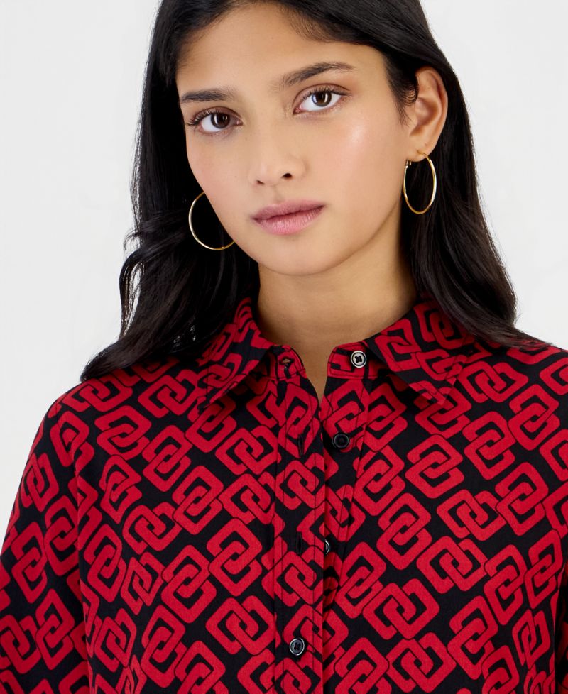 Petite Long-Sleeve Houndstooth Button-Front Blouse