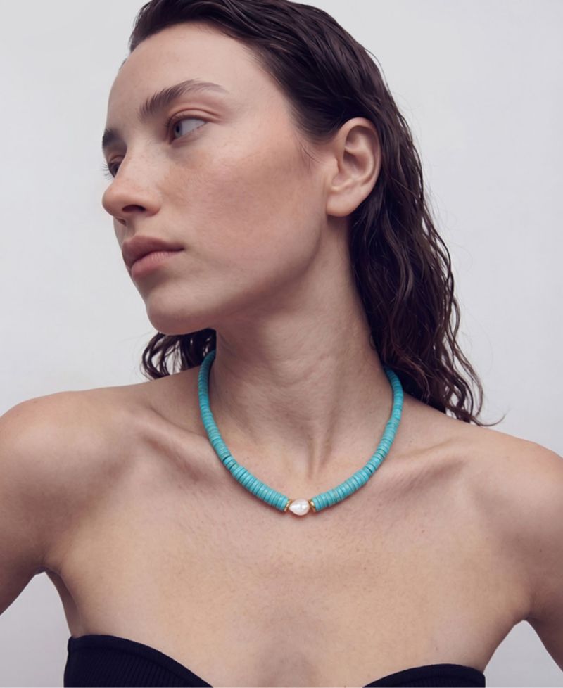 Tarnish-Resistant Natural Freshwater Pearl Chunky Turquoise Beaded Delray Necklace