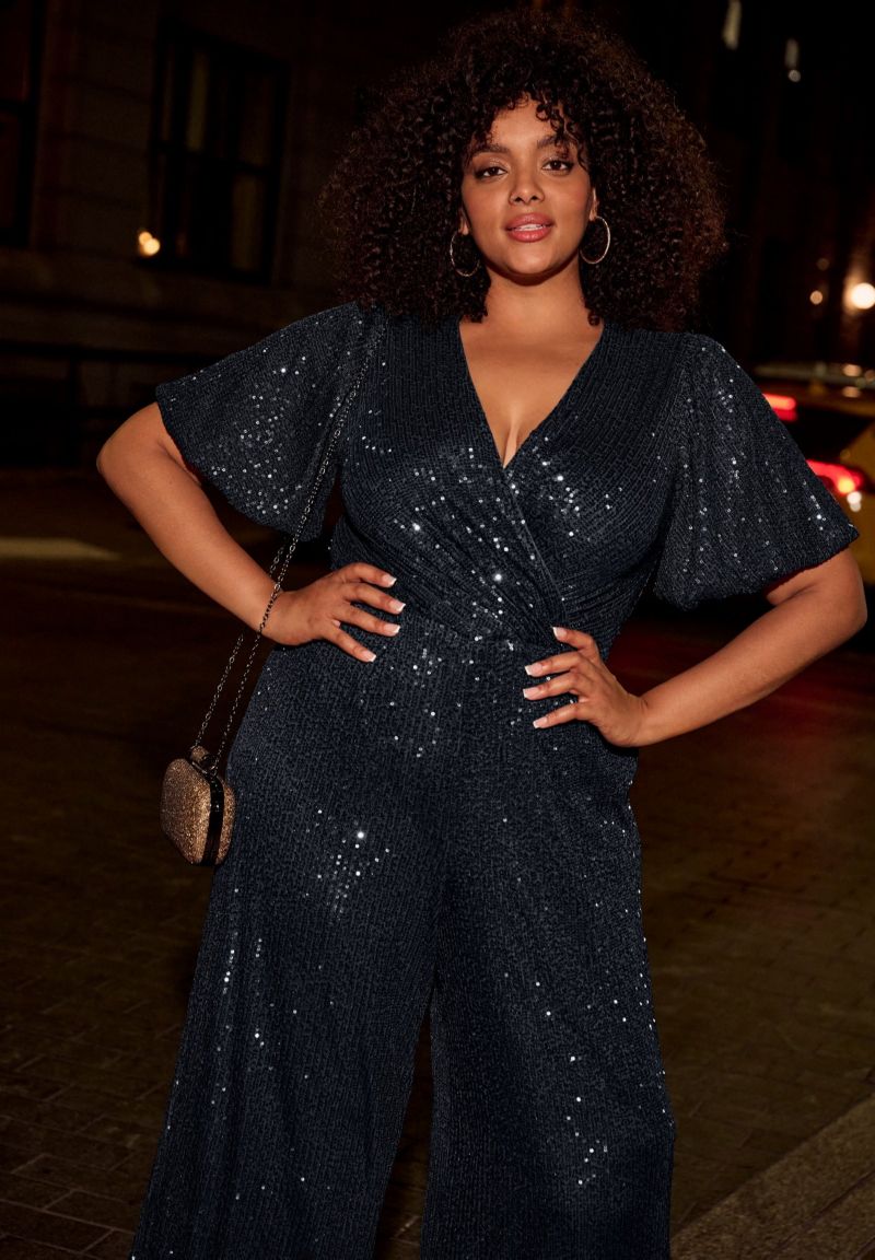 Women's Plus Size Petite Nada Sequin Puff Sleeve Jumpsuit