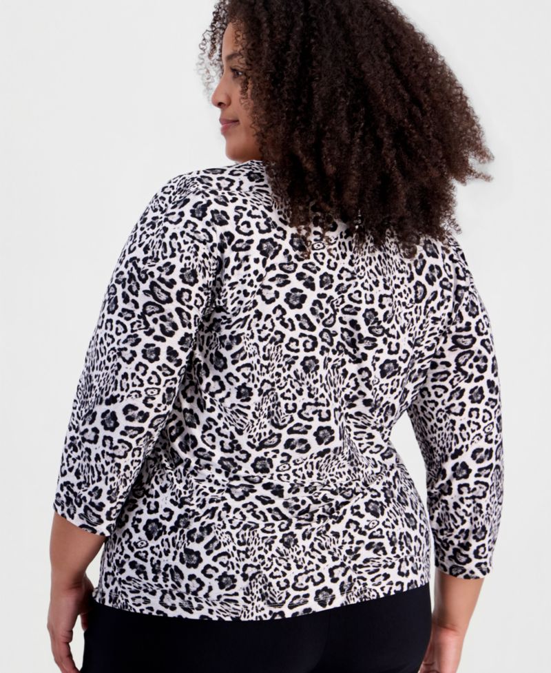 Petite Leopard-Print 3/4-Sleeve Scoop-Neck T-Shirt