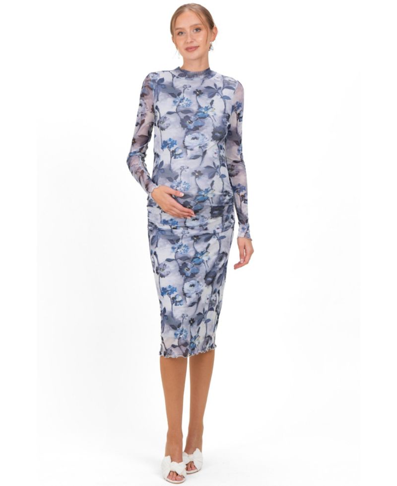 Women's Blue Floral Mesh Long Sleeve Midi Dress