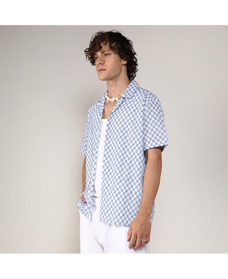 Men's Chalk White & Prussian Blue Embroidered Checkered Shirt