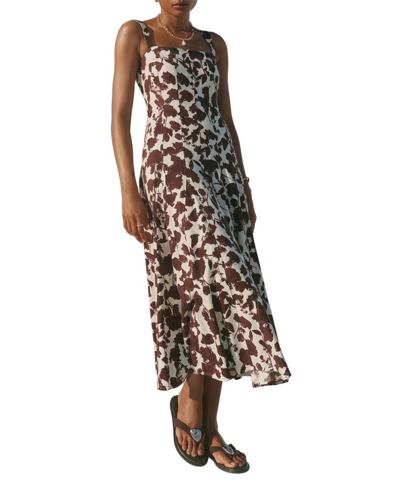 Women's Floral-Print Sleeveless A-Line Linen-Blend Midi Dress
