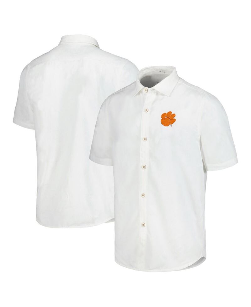 Men's White Clemson Tigers Coconut Point Palm Vista IslandZone Camp Button-Up Shirt