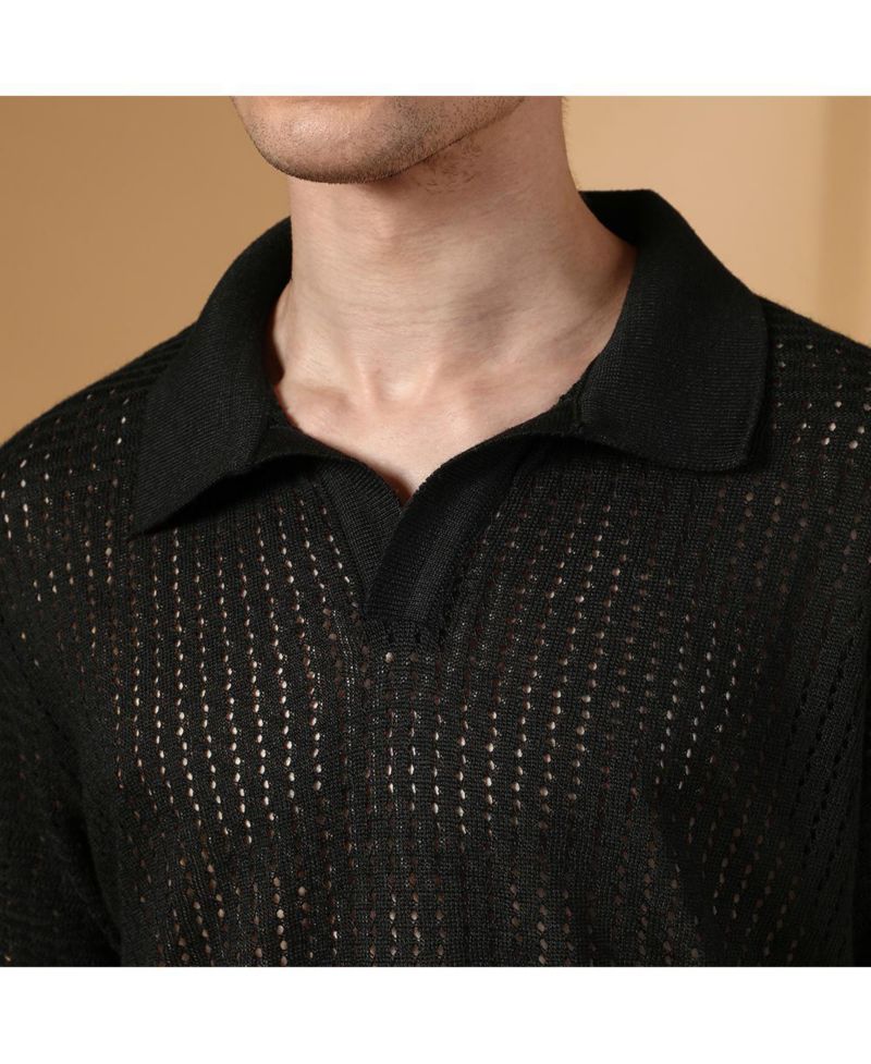 Men's Raven Black Textured-Knit Polo T-Shirt