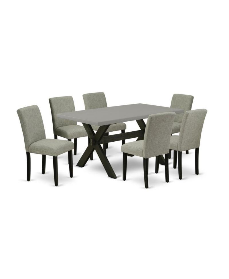 7-Pc Rubberwood Cement Table Top Shitake Linen Upholstery High Chair Back Rectangular Dining Set