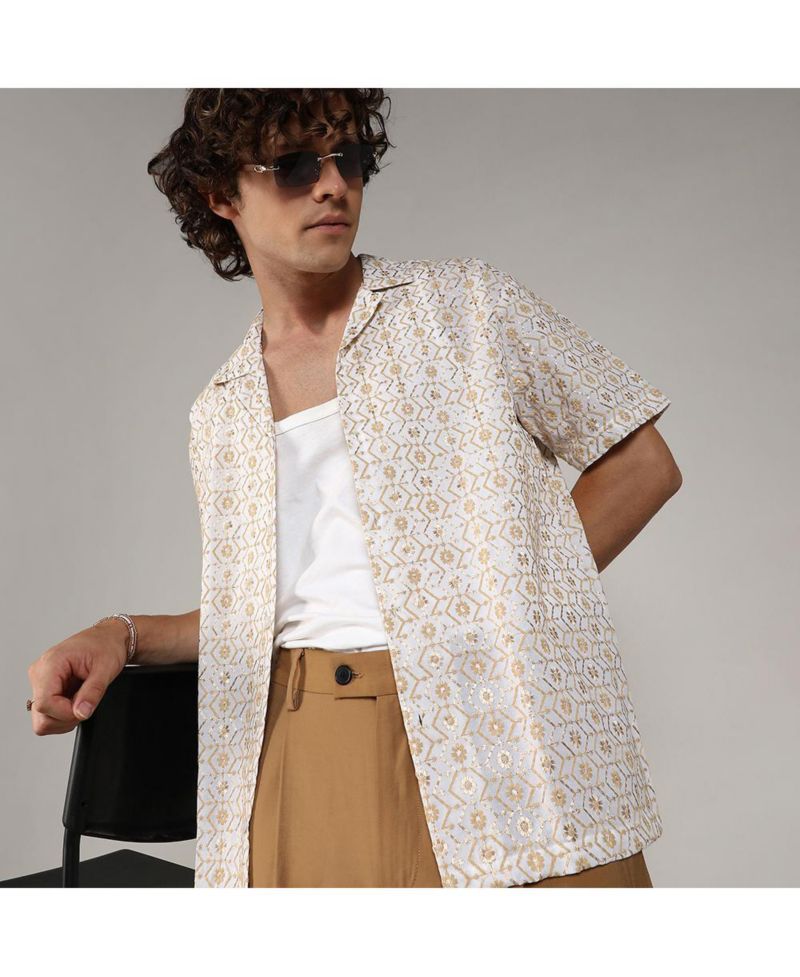 Men's Off-White & Beige Embroidered Geometric Shirt