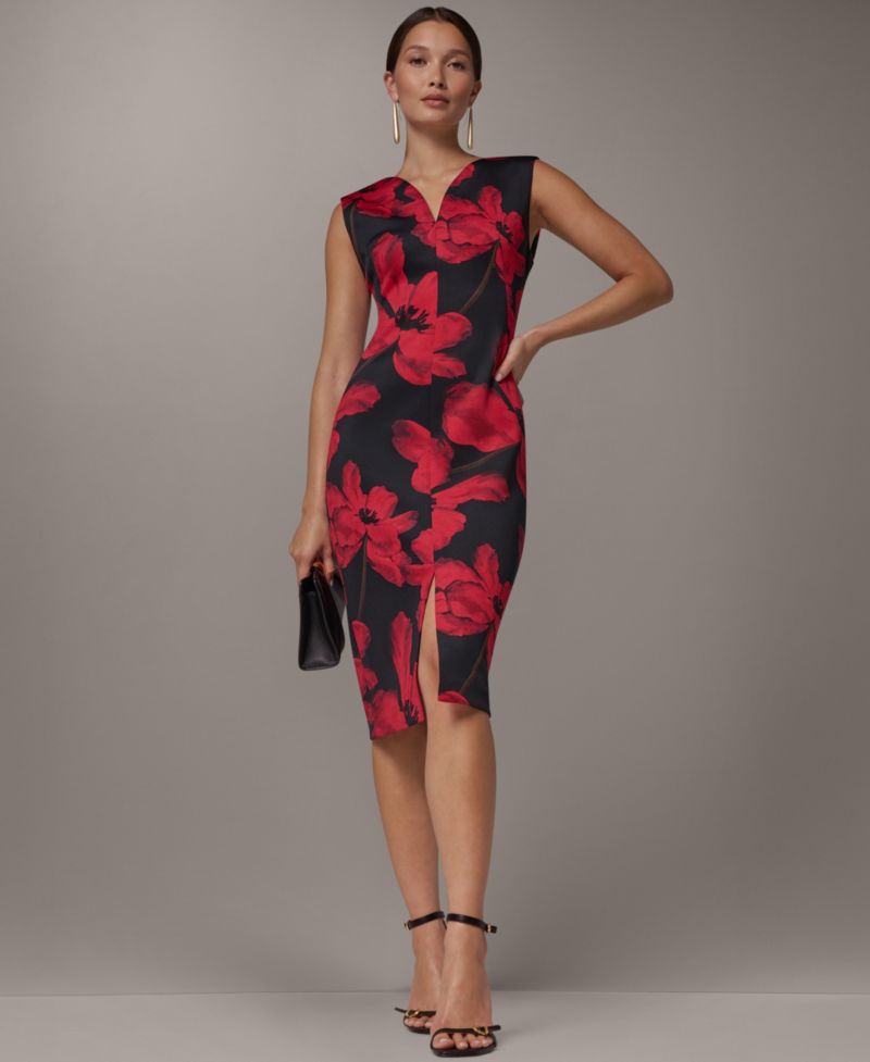 Women's Floral-Print V-Neck Sleeveless Sheath Midi Dress