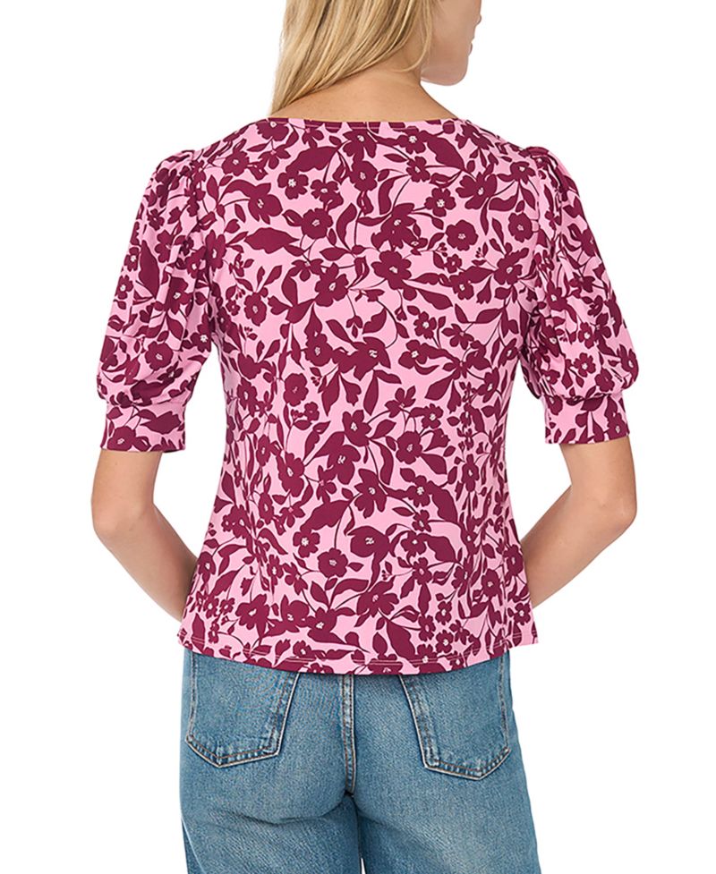 Women's Floral-Print Shirred Short-Sleeve Crewneck Blouse
