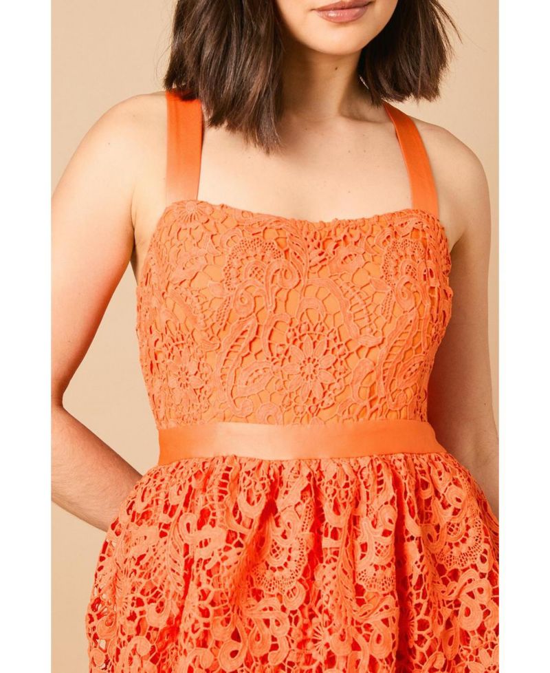 Women's Cross Strap Tiered Lace Midi Dress