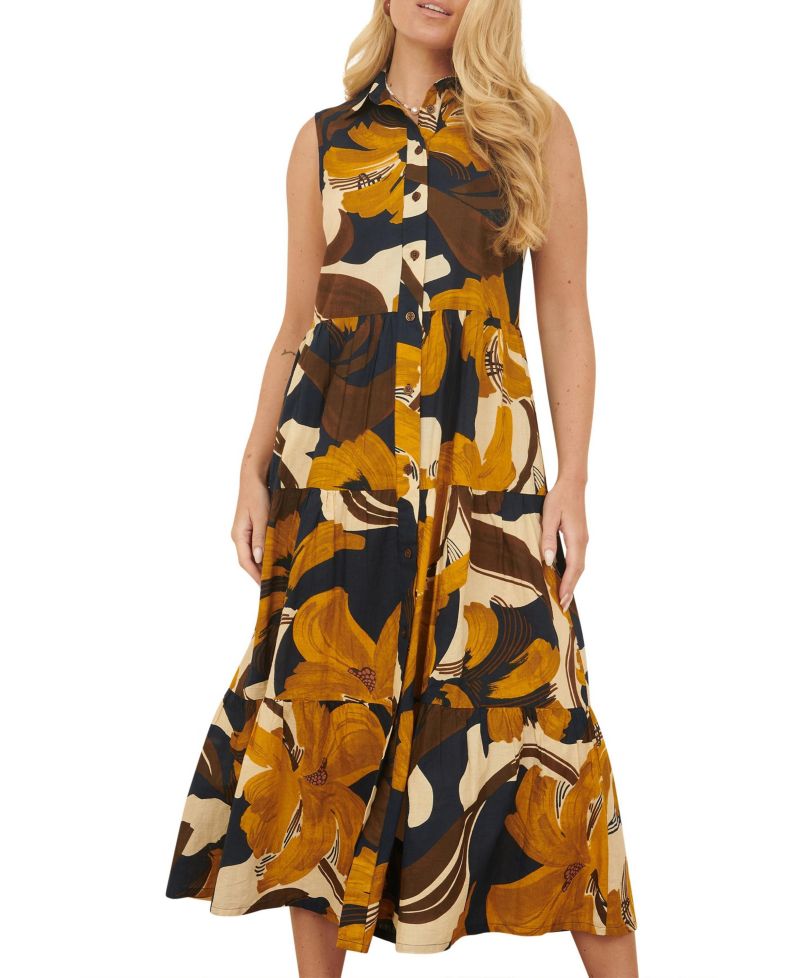 Women's Cotton Leaf Midi Sleeveless Shirt Dress