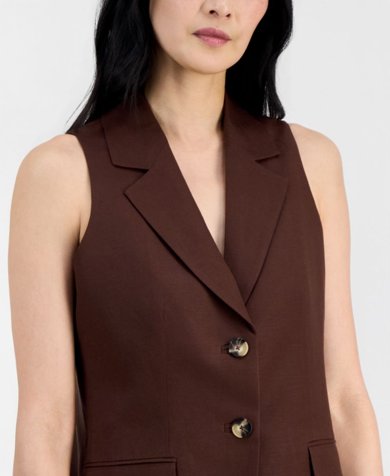 Women's Linen-Blend Two-Button Notch-Collar Vest, Regular & Petite