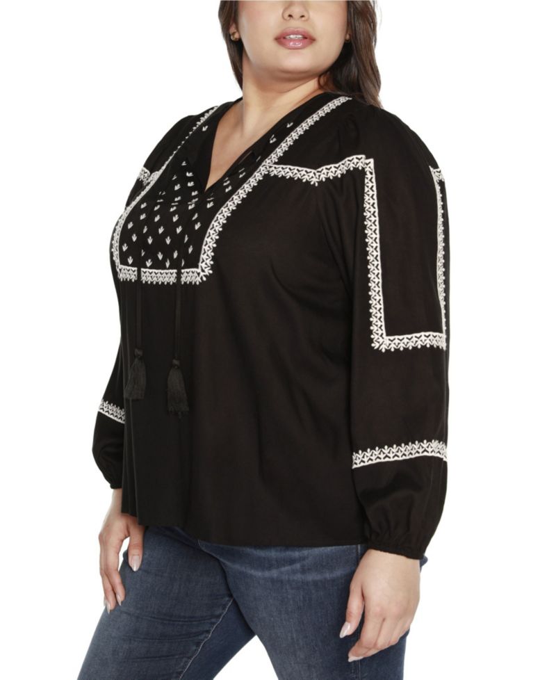 Black Label Plus Size Embroidered Blouson Tie Neck Top