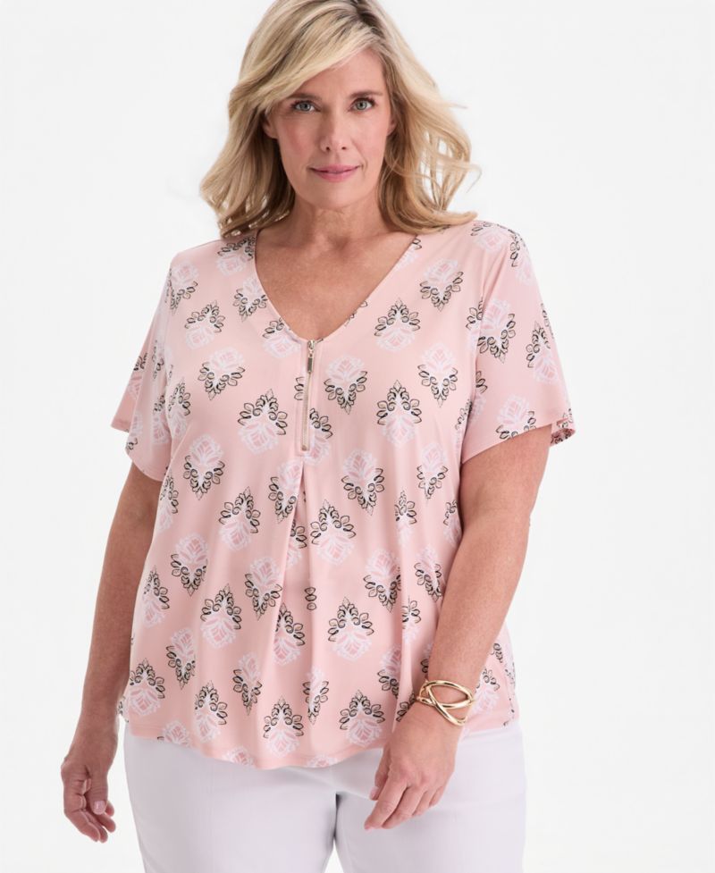Plus Size Large Floret Zippered V-Neck Top