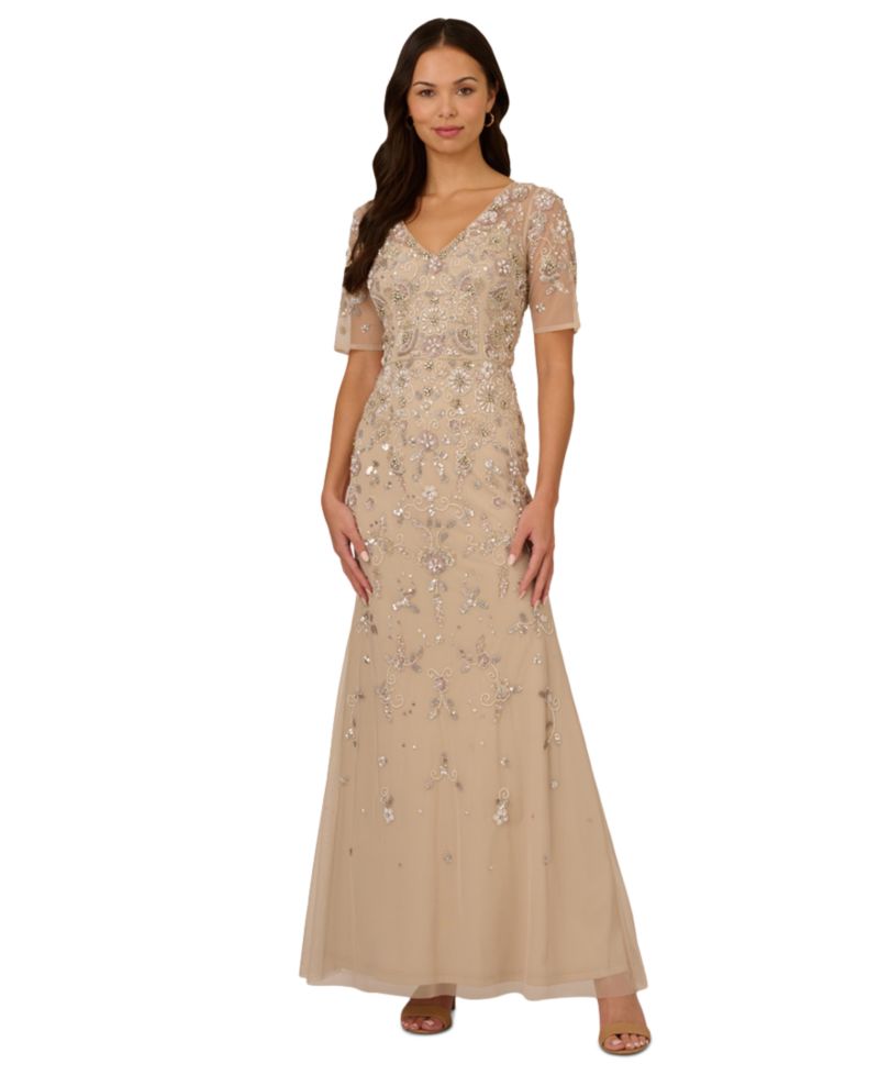 Women's V-Neck Beaded Short-Sleeve Mesh Gown