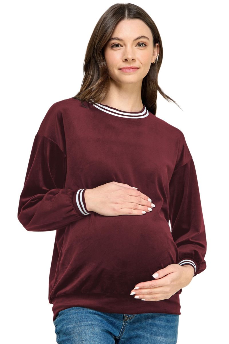 Women's Velvet Striped Neckline Long Sleeve Maternity Sweatshirt Top