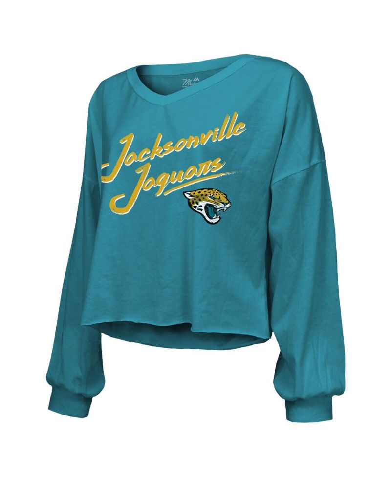 Women's Travis Hunter Teal Jacksonville Jaguars 2025 NFL Draft First Round Pick Off-Shoulder Script Name & Number V-Neck T-Shirt