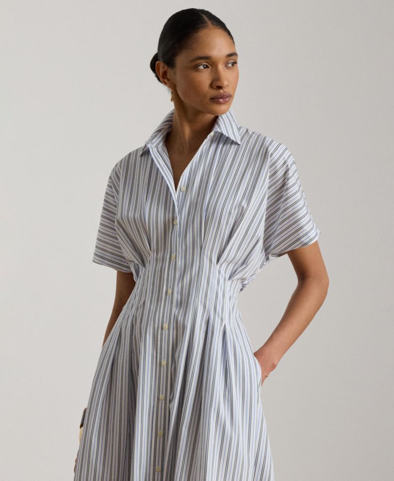 Women's Point Collar Striped Pleated Broadcloth Shirt-Dress