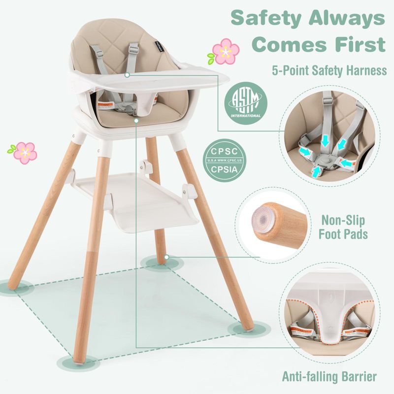 6-in-1 Convertible Baby High Chair with Safety Harness and Removable Tray