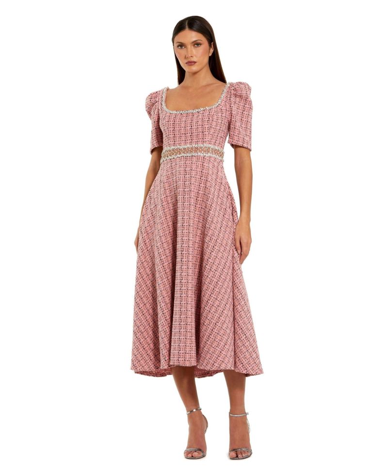 Women's Puff Sleeve Boucle Midi Dress With Beaded Belt