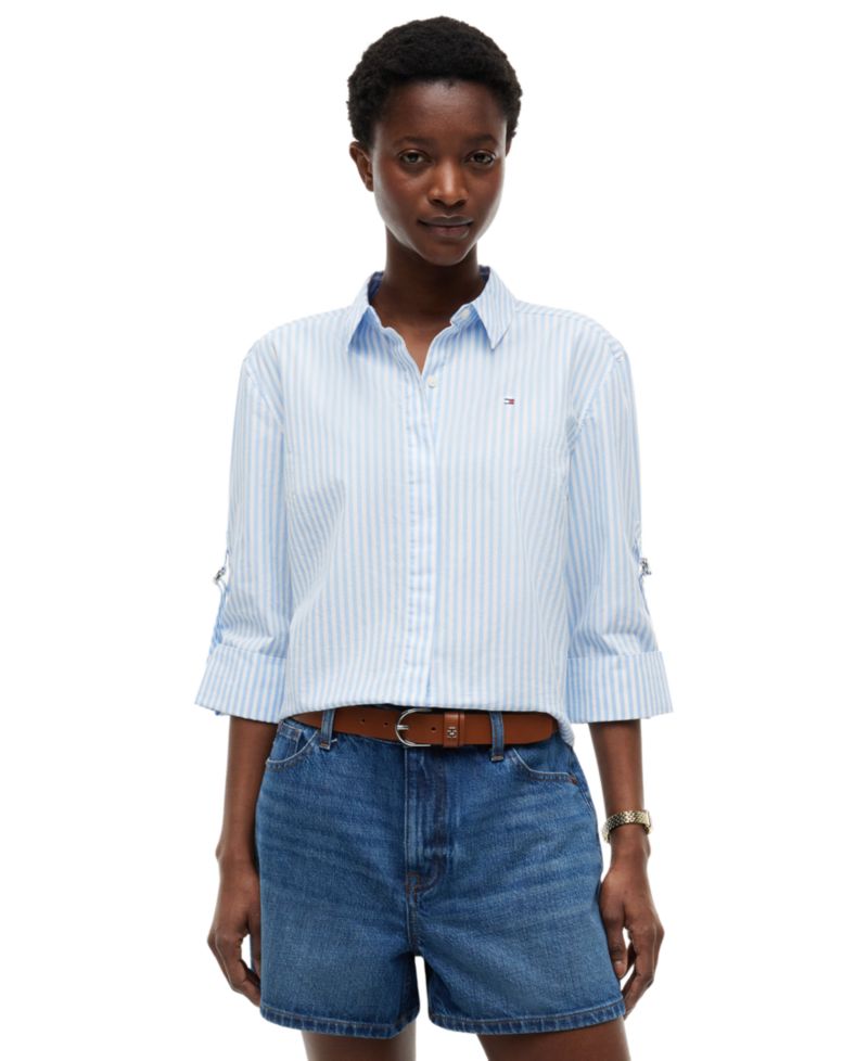 Women's Cropped Collared Roll-Tab Cotton Shirt