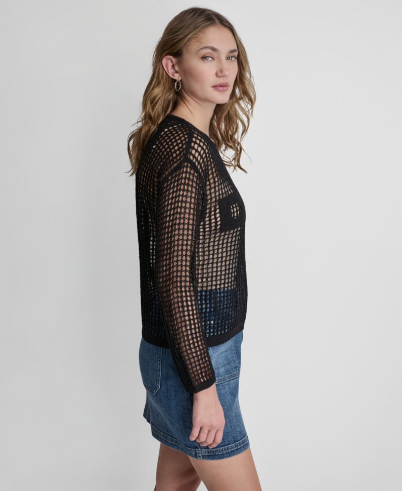 Petite Long-Sleeve Pointelle Crochet Open-Stitch Boat Neck Logo Sweater