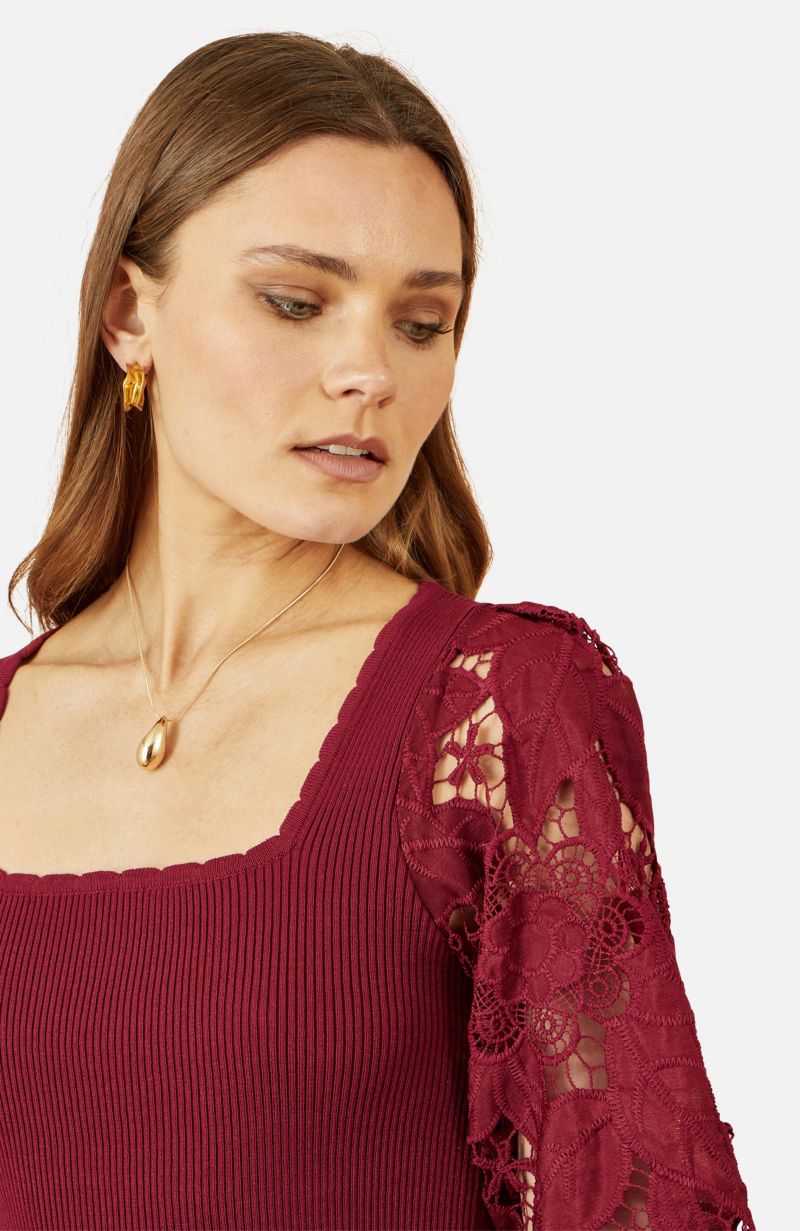 Women's Ribbed Knitted Lace Sleeve Sweater