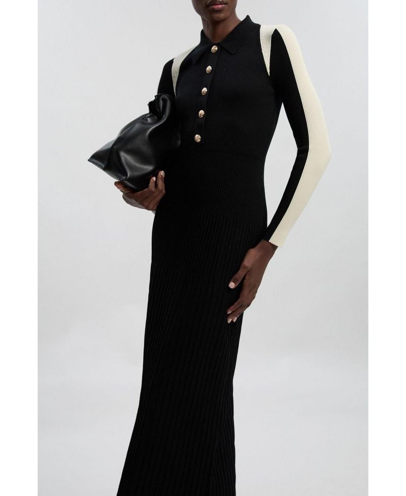 Women's Rib Knit Long Sleeve Military Midi Dress