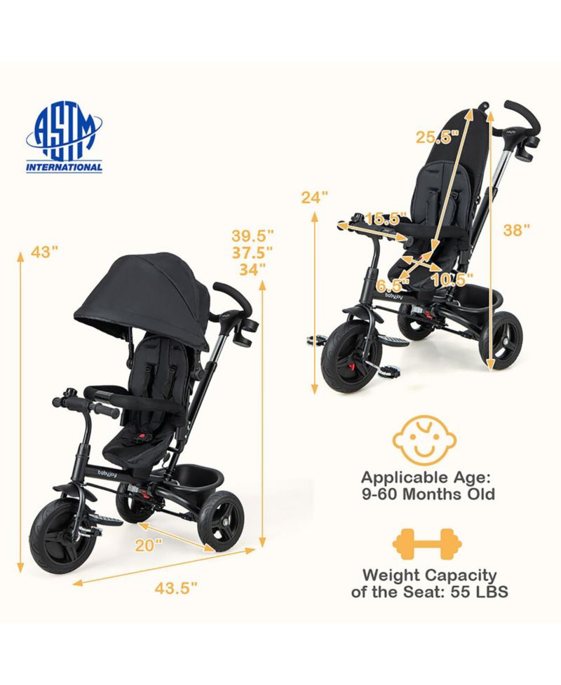 4-in-1 Baby Tricycle Toddler Trike with Reversible Seat Canopy and Push Handle
