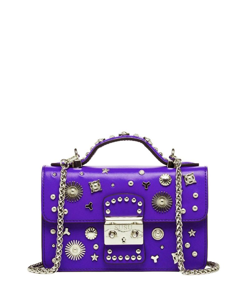 Women's Royal Leather Studded Mini Crossbody Bag Structured Top Handle Satchel with Buckle Closure