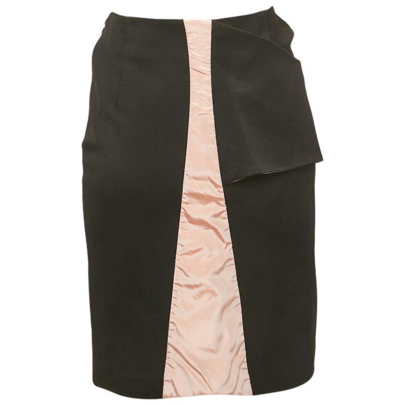 Women's Black And Pink Gabardine Asymmetrical Overlap Pencil Skirt