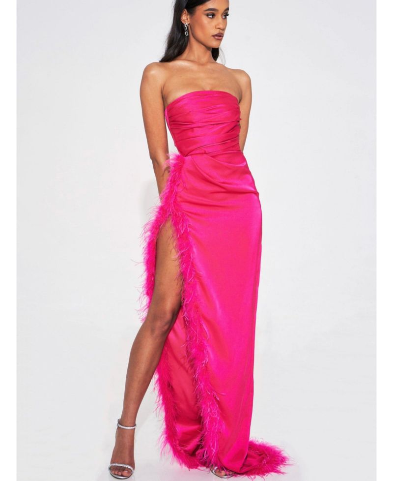Women's Perrin Fuchsia Pink Feather Dress High Slit Gown