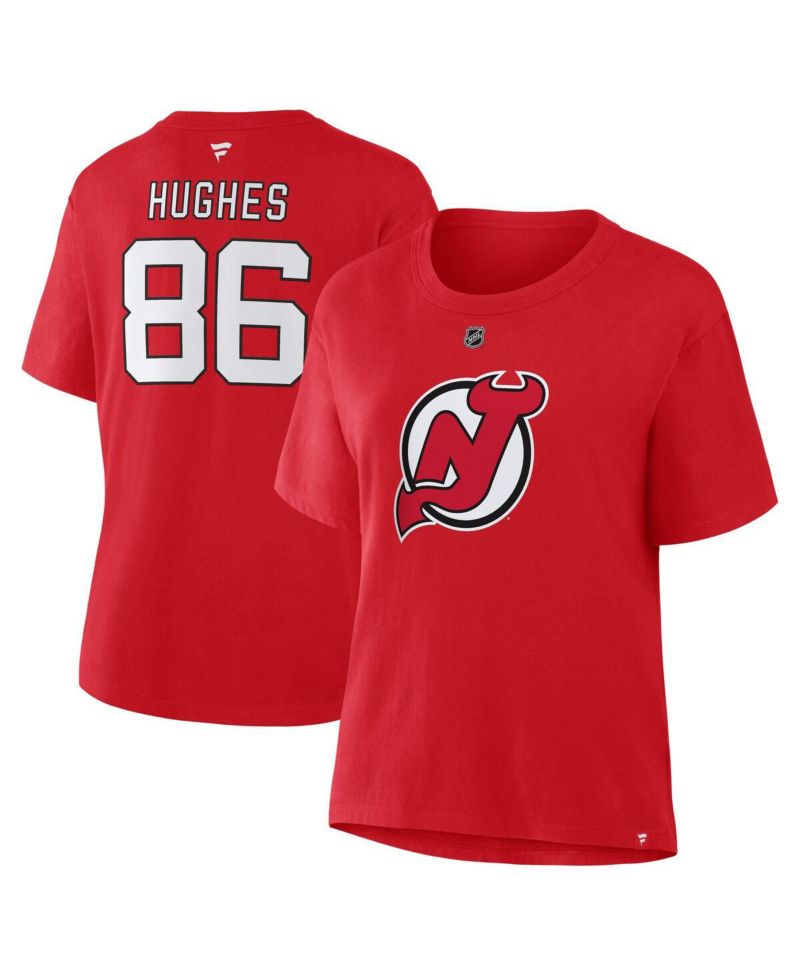 Women's Jack Hughes Red New Jersey Devils Authentic Stack Name & Number T-Shirt