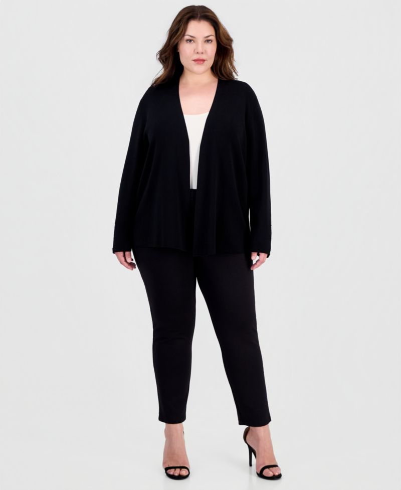 Plus Size Collarless Open-Front Long-Sleeve Cardigan