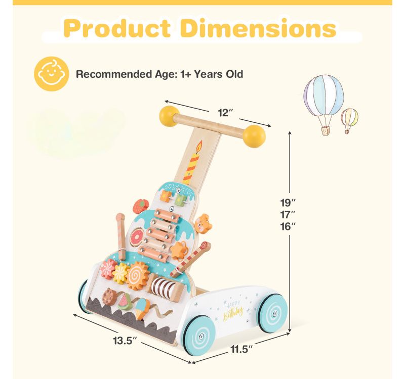 Toddler Wooden Walker with Adjustable Heights and Smooth Wheels-White