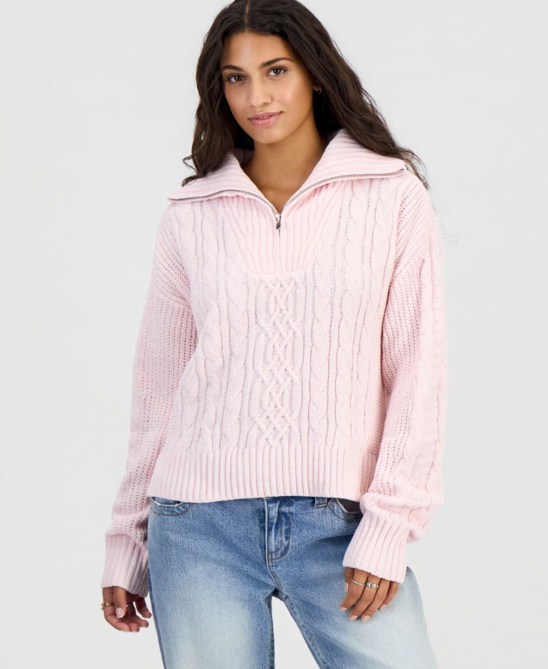 Juniors' Cable-Knit Quarter-Zip Long-Sleeve Sweater