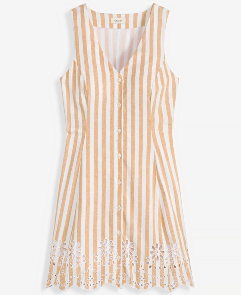 Women's Striped Linen Blend Embroidered Button-Front Mini Dress