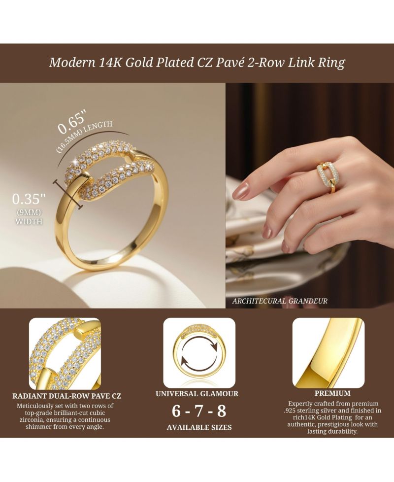 Modern 14K Gold Plated Cubic Zirconia Pave 2-Row Link Ring