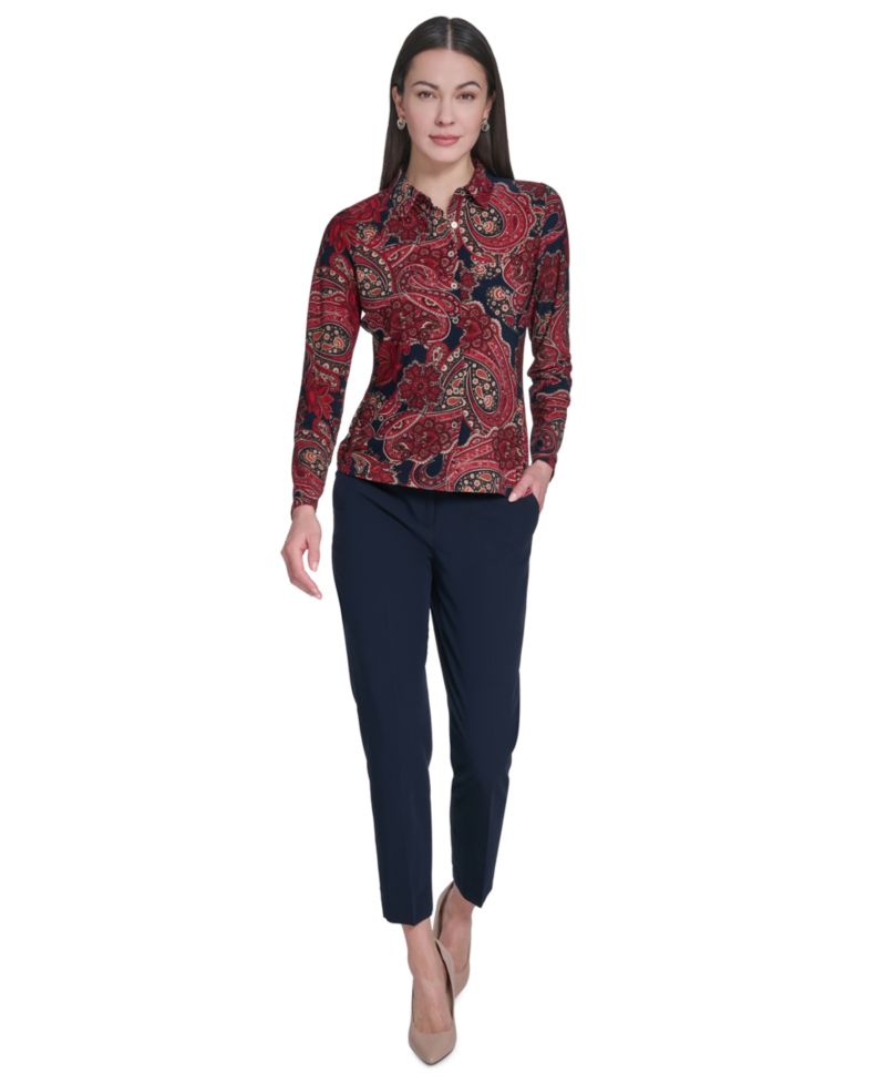 Women's Long-Sleeve Paisley Print Collared Top