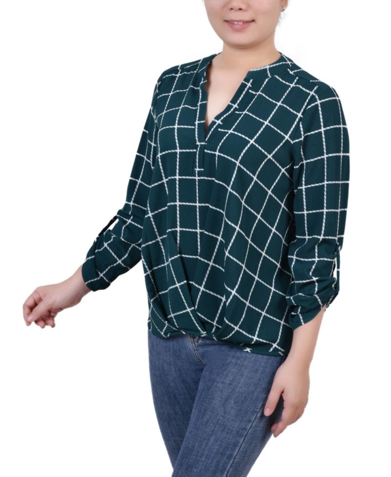 Petite Size 3/4 Push Tab Mandarin Collar Blouse with Front Pleats
