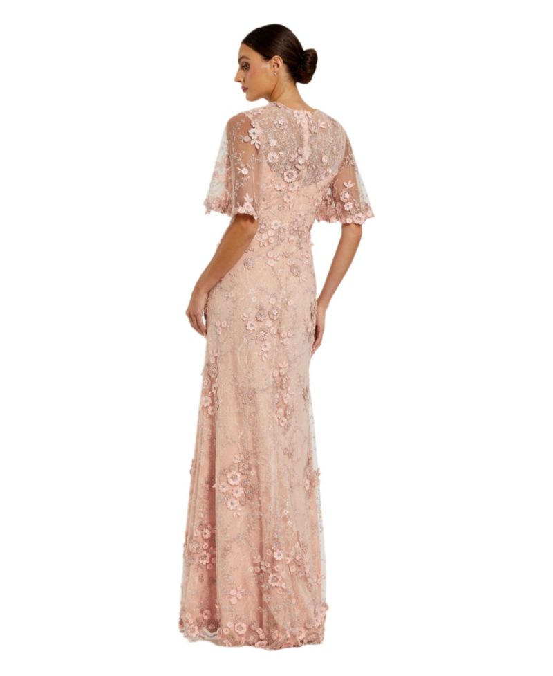 Women's Flutter Sleeve Floral Embroidered Net Gown