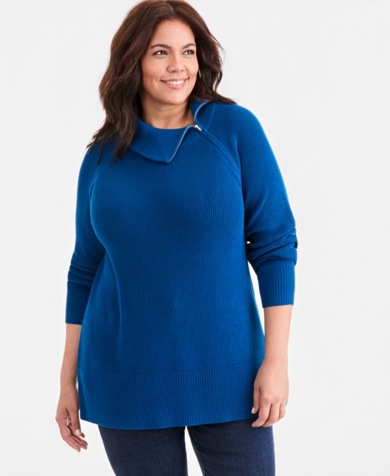 Petite High-Neck Zip Cotton Sweater