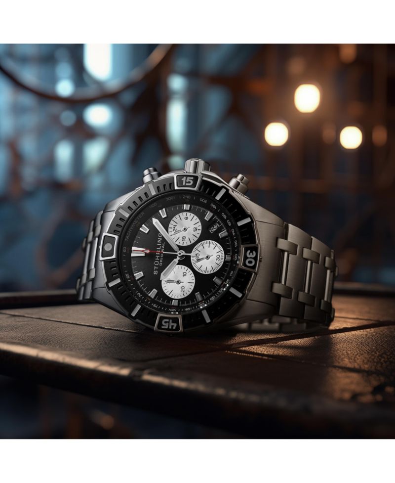 1022 Men s Chronograph Watch Quartz Movement Black Dial Silver Subdials Black Bezel Stainless Steel Case and Bracelet 50M Water Resistant