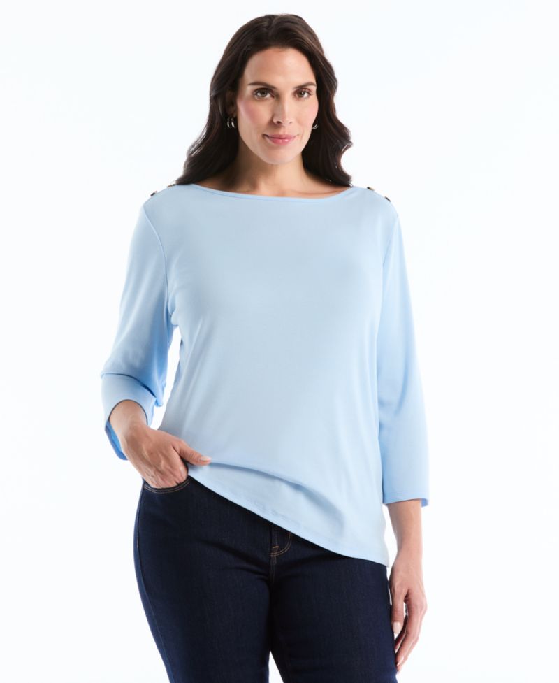 Petite Button Detail Boat Neck Top