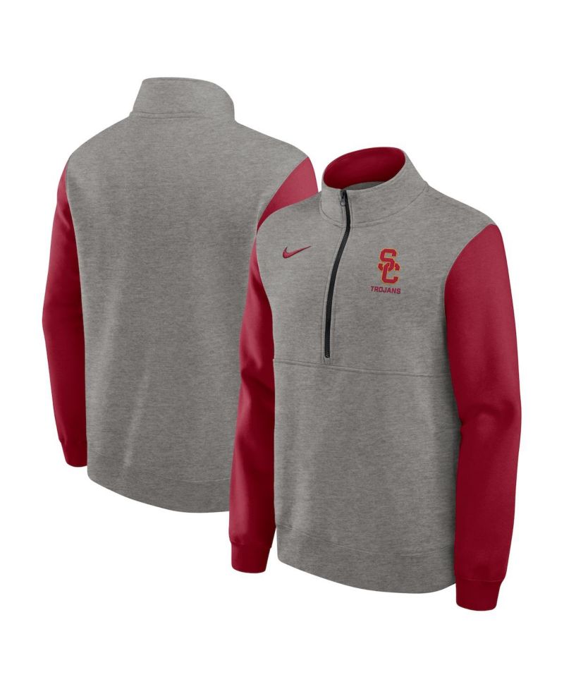 Men's Heather Gray/Cardinal USC Trojans Club Fleece Half-Zip Pullover Sweatshirt