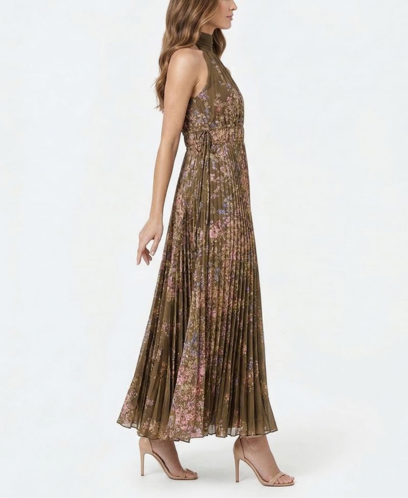 Women's Floral Pleated Mock Neck Dress